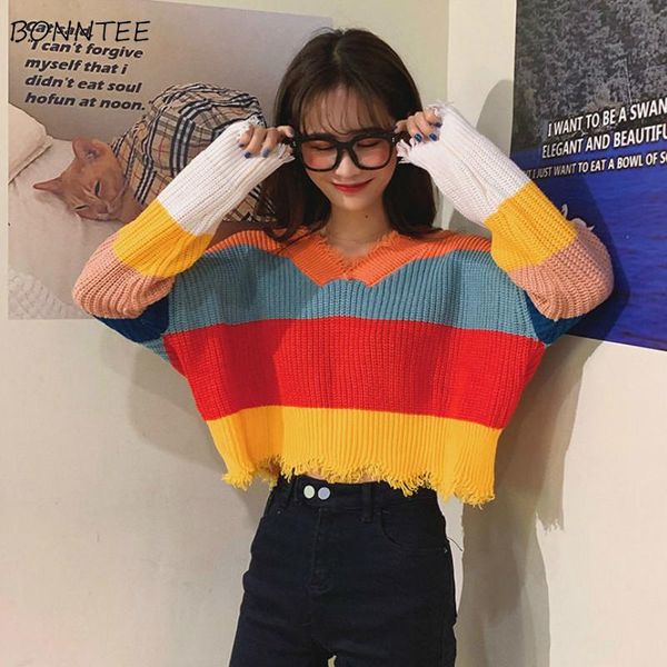 

women's sweaters women loose student candy colors v-neck tassel patchwork sweet all-match casual korean style pullovers ladies fashion, White;black