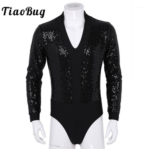 

tiaobug shiny sequins long sleeves high cut one-piece leotard men shirt bodysuit festival rave stage performance dance costume1, White;black