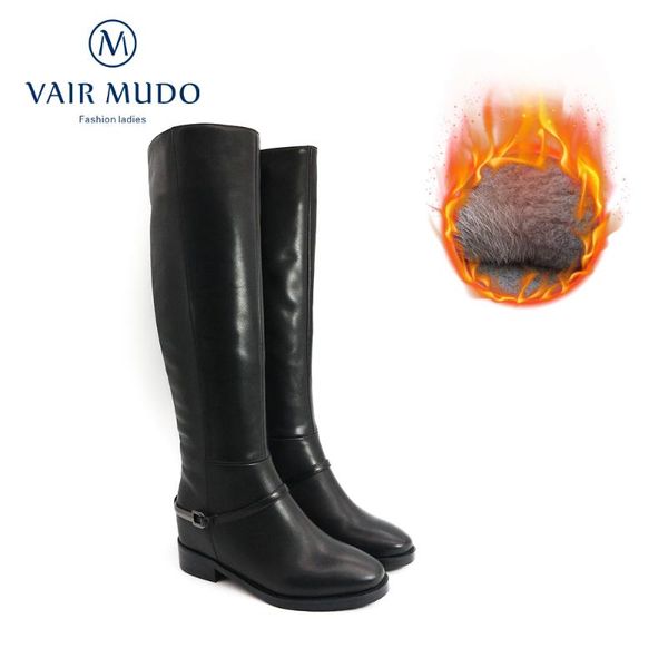 

boots vair mudo motorcycle shoes women genuine leather knee-high fashion black elegant winter wool low heels zt24