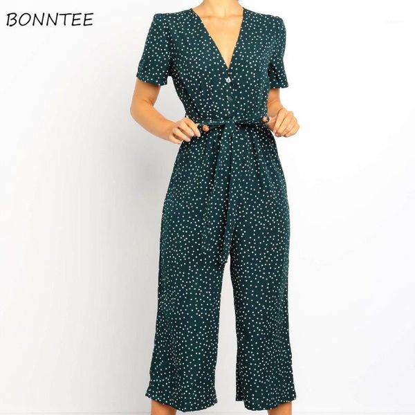 

jumpsuits women short sleeve v-neck fashion polka dot wide leg jumpsuit adjustable waist leisure office lady elegant chic soft1, Black;white