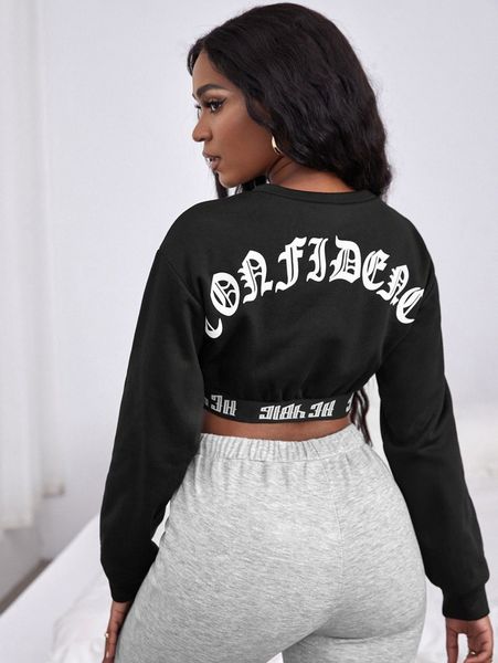 

letter tape drop shoulder crop sweatshirt o1lj#, White;black