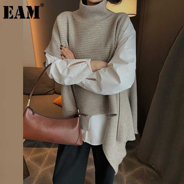 

[eam] irregular big size knitting sweater loose fit turtleneck sleeveless women pullovers new fashion autumn winter 2020 1y663, White;black