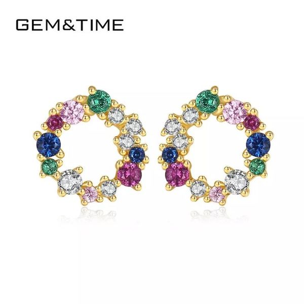

gem&time simple colorful cubic zirconia paved round stud earrings with 100% 925 sterling silver women fine jewelry female gifts, Golden;silver