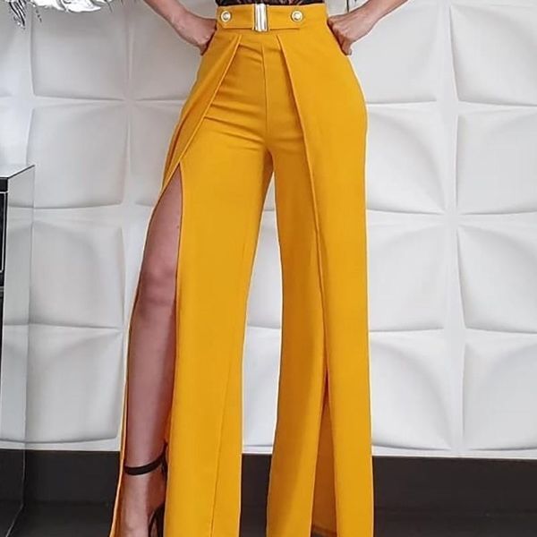 

women solid high waist slit leg pants 201111, Black;white