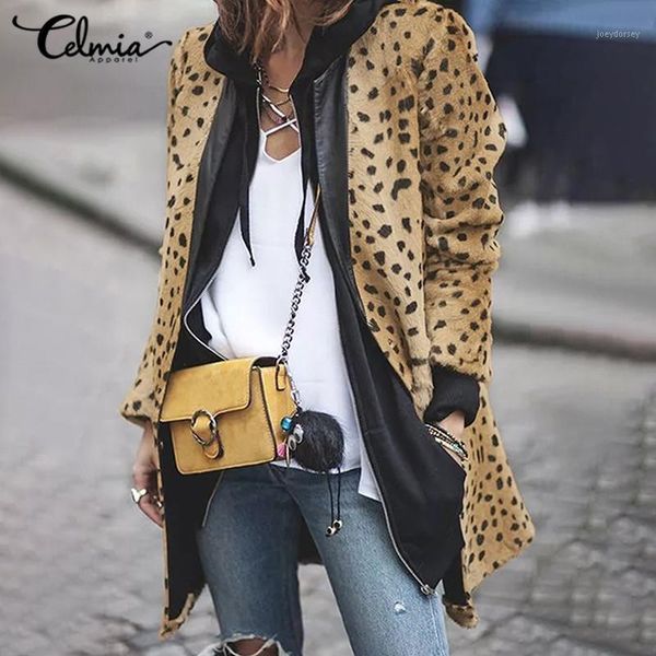 

celmia 2020 autumn winter women long sleeve hooded fur coat leopard print zipper casual jackets vintage plus size loose outwears1, Black;brown