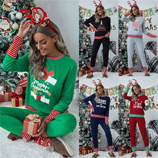 

plus size christmas family pajamas women xmas sleepwear patchwork striped two piece sets pullovers t-shirt + pants legging suit new e111104, White