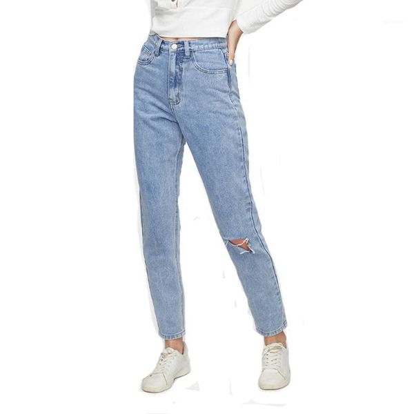 

women simple style solid color hole knee slim denim pants all matching plus size high waist jeans light blue fs10251