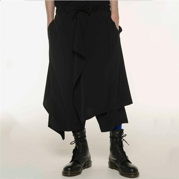 

customized} new men's clothing versatile loose fashionable wide leg skirt pants fake two-piece plus size seven-inch trousers1, Black