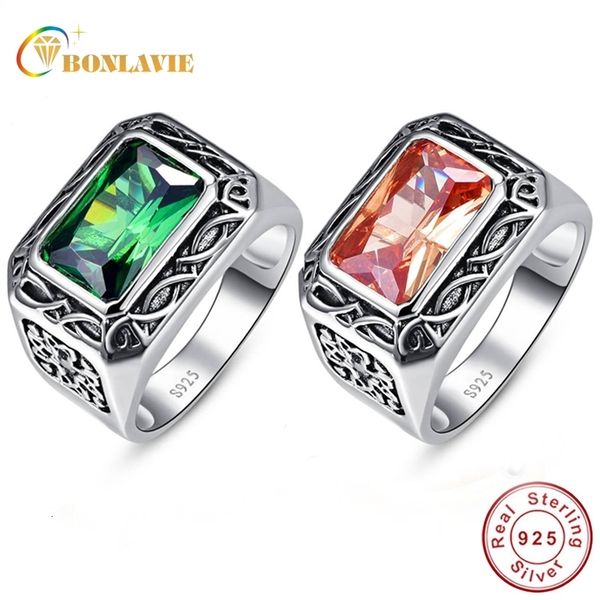 

bonlavie 100% pure 925 sterling silver ring vintage men's morganite antique square nano russian emerald rings fine jewelry gift