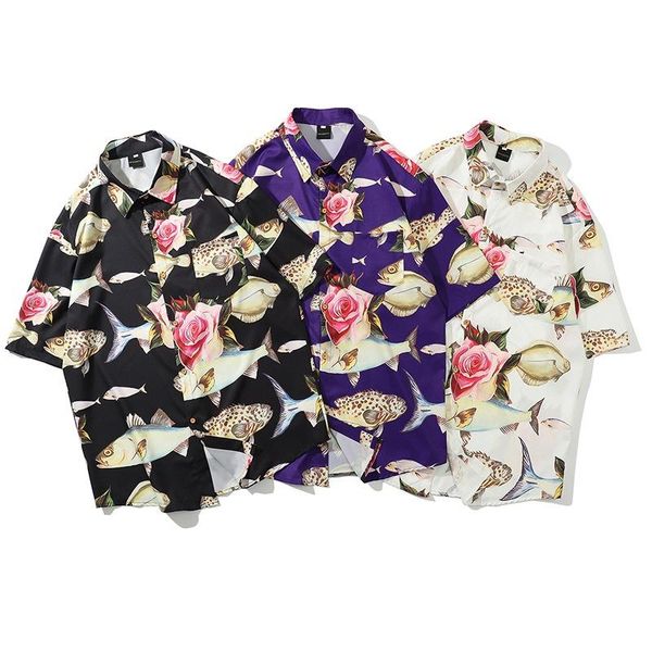 

summer men shirts fashion casual short sleeve lapel tropical fish pattern print streetwear holiday beach style, White;black