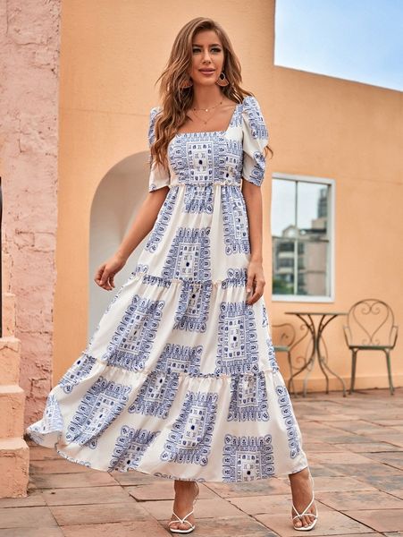 

scarf print frill trim puff sleeve dress g9ou#, Black;gray