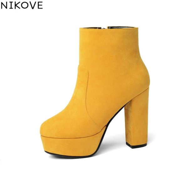 

boots nikove 2021 women shoes short plush/pu platform fashion square high heel ankle flock autumn 34-43, Black