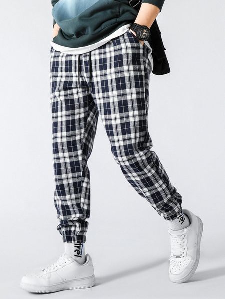 

men plaid print slant pockets joggers l4mu#, Black