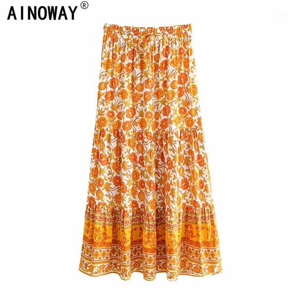 

vintage chic summer fashion hippie women yellow floral peacock printed beach bohemian maxi skirts ladies rayon boho skirts1, Black