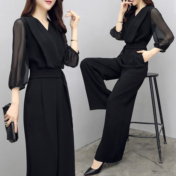 

spring and summer new high waist chiffon jumpsuit black 7 4 sleeve slim summer new clothes waist chiffon clothes and slimwide leg jumpsuit f, Gray