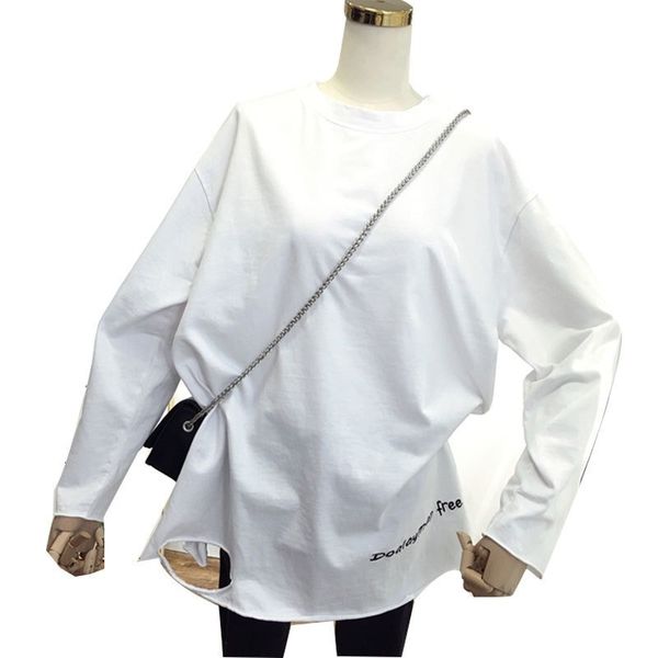 

2021 new t-shirt the-neck cotton personality simple foreign style hole hem embroidered letter big white color sleeve solid is4u