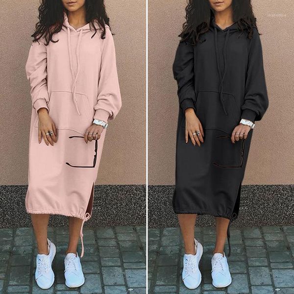 

casual dresses celmia 2021 winter hoodies sweatshirt dress women fashion long sleeve fleece midi drawstring hooded vestidos 5xl1, Black;gray