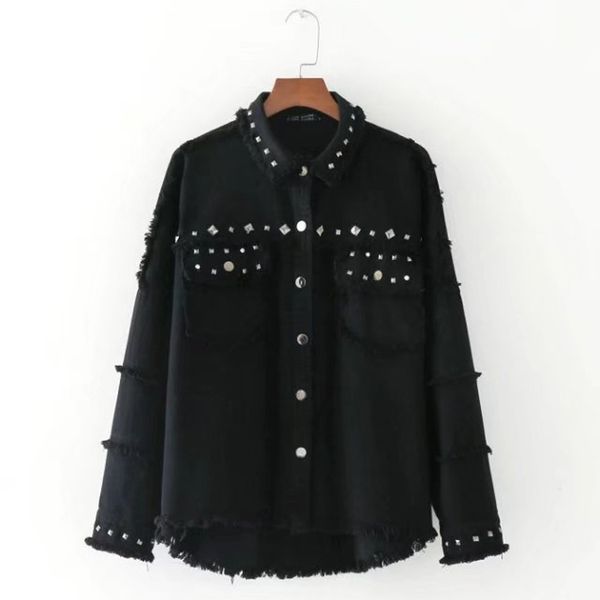 

women autumn rivet denim jacket vintage long sleeve black female jeans coat casual female streetwear casaco feminino 201007, Black;brown