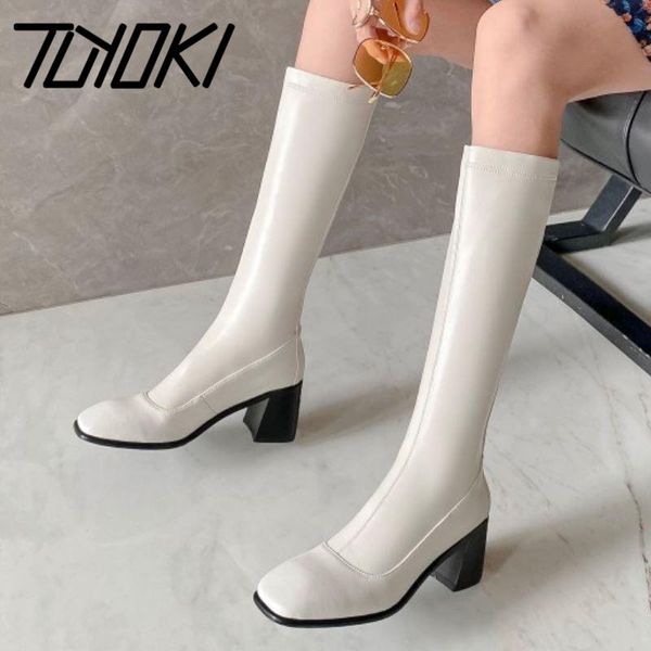 

tuyoki real leather women knee boots thick heel square toe slip on shoes warm boots women fahion party footwear size 34-39, Black