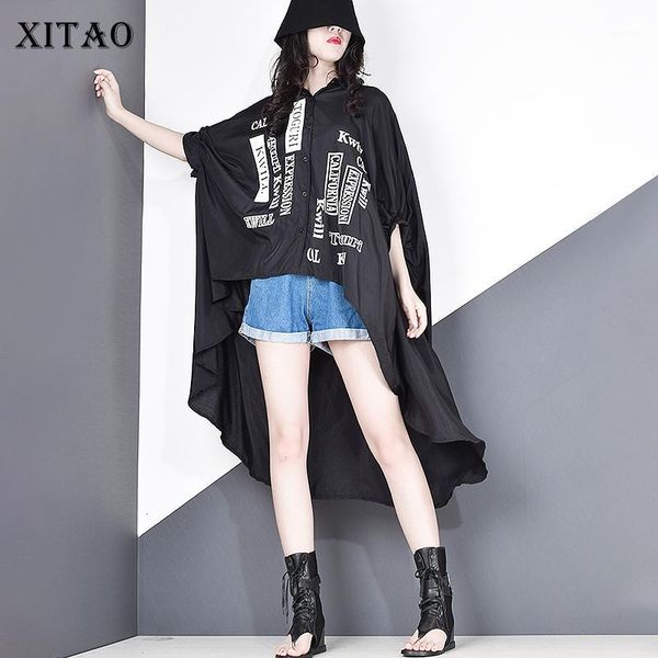 

xitao irregular letter print shirt women clothes 2020 summer autumn turn down collar match all batwing sleeve blouse zll52581, White