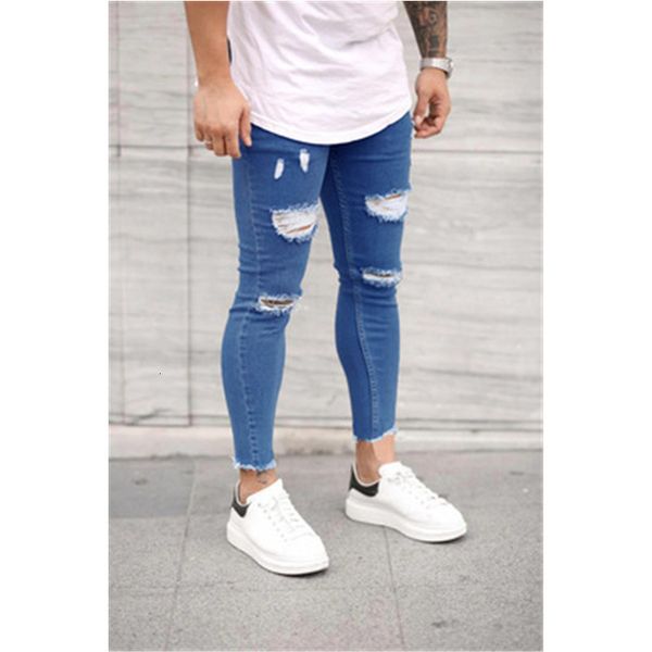 

mens hip hop hole jeans fashion trend casual stretch tight washed jeans designer male autumn zipper skinny denim pants, Blue