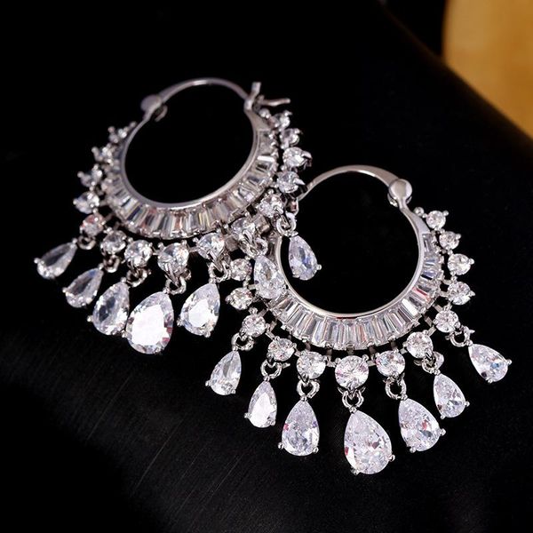 

new cubic zircon elegant party bridal waterdrop tassel dangle earrings dazzling wedding jewelry accessory, Silver