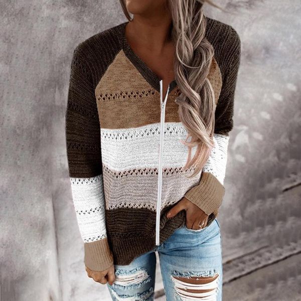 

women elegant patchwork striped sweaters autumn long sleeve cardigan ladies winter casual v-neck hooded knitted sweater#40, White;black
