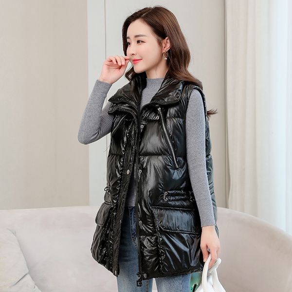 

2021 new women sleeveless vest winter warm plus size down cotton padded jacket female stand collar sleeveless waistcoat qgmx, Black
