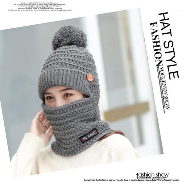 

beanie/skull caps plush knitted bib one-piece hat women warm beanies mask cap fur pompom girls skullies for hats k8u61, Blue;gray