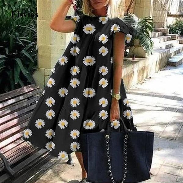 

vintage petal short sleeve women dress summer casual loose daisy floral print beach dress elegant o neck party vestido 2xl, Black;gray
