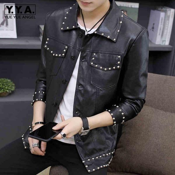 

motorcycle pu leather jacket men personality rivets vintage slim fit coat male punk single breasted fashion black outerwear1, Black;brown