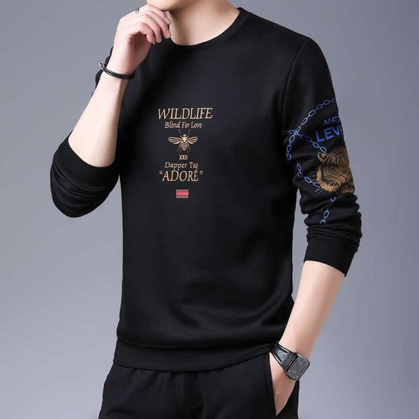 

collar round autumn fashion brand clothes for young bottoming shirt sports casual long sleeve bee printed men's sweater, Gray
