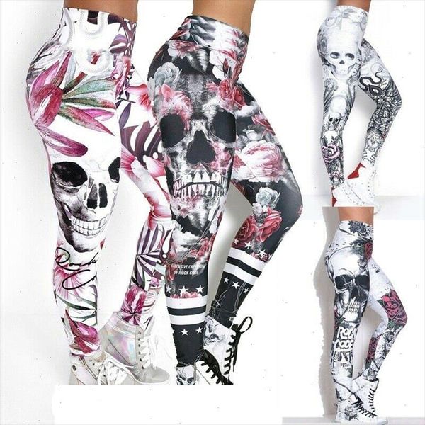 

women leggings sport pants skull printed skinny high waisted fitness slim long pants casual lady legging, Black