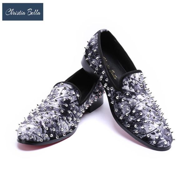 

christia bella new fashion men full rivet flat shoes brand designer leather prom and party men dress shoes male's loafers, Black