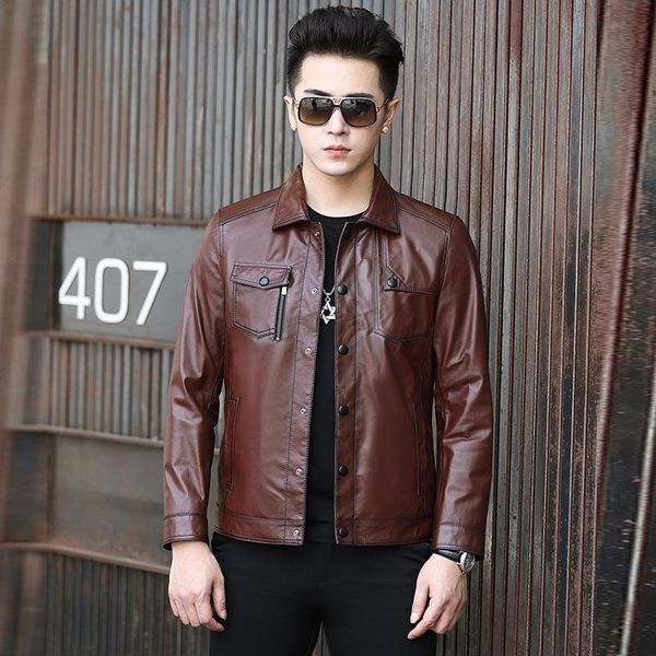 

soft and smooth leather leather motorcycle jackets men's clothing han edition cultivate morality men's coat, Black