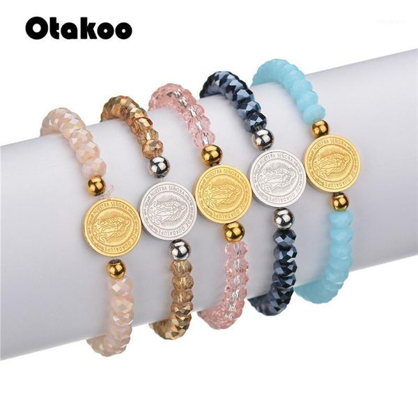 

charm bracelets otakoo religious pink blue color beads virgin mary bracelet stainless steel catholic for women gift mother1, Golden;silver