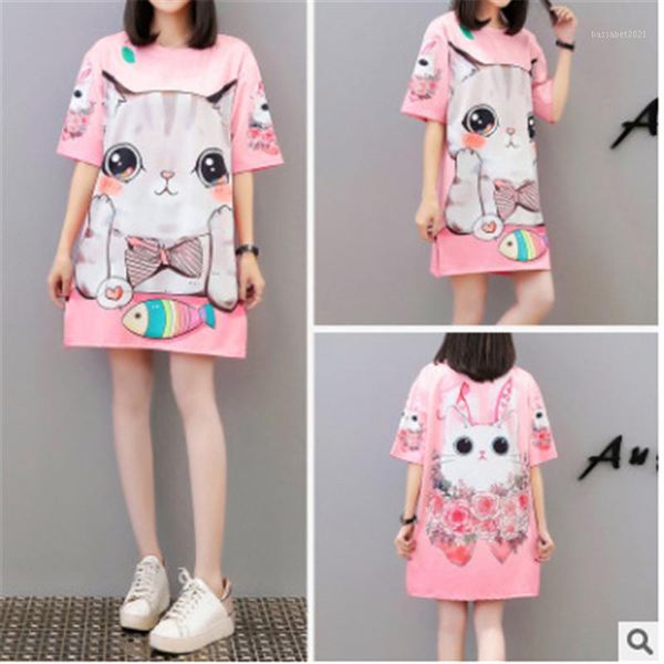 

casual dresses women's t-shirt dress 2021 summer fashion cartoon cat print cute princess loose straight mini1, Black;gray