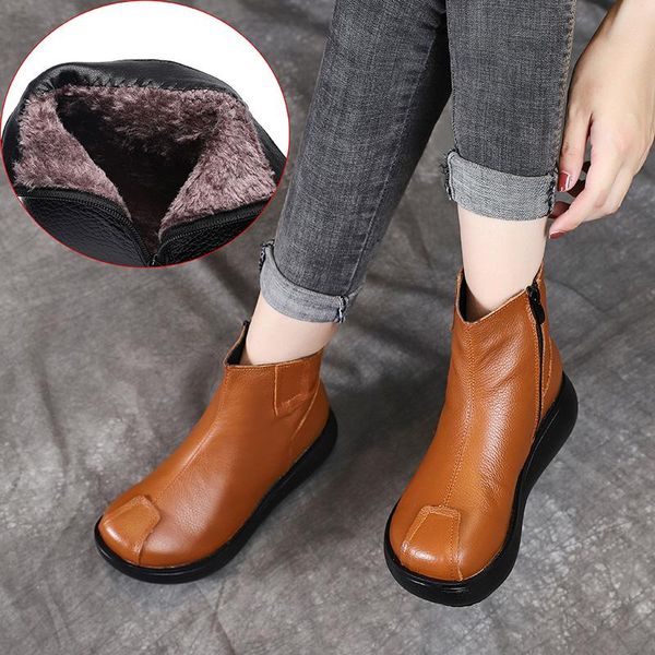 

boots the first layer of cowhide handmade short women's retro art and velvet cotton thick-soled wedges single, Black