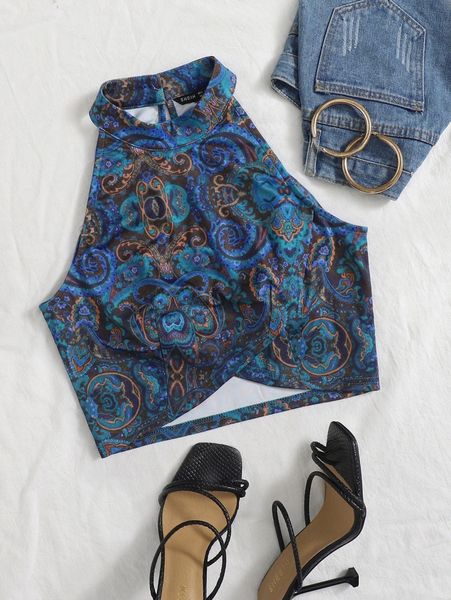 

halterneck wrap cross paisley crop w2x4#, White