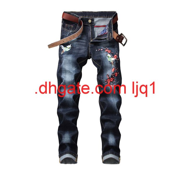 

spring and autumn new men's korean slim fit jeans youth fashion embroidery leggings pants men's fashion, Blue