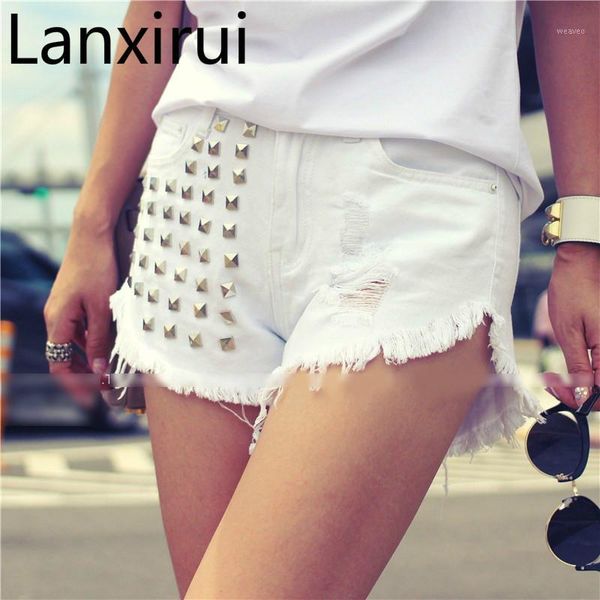 

short jeans women punk style rivet vintage hole mid waist denim skinny short 3 colours new fashion1, White;black