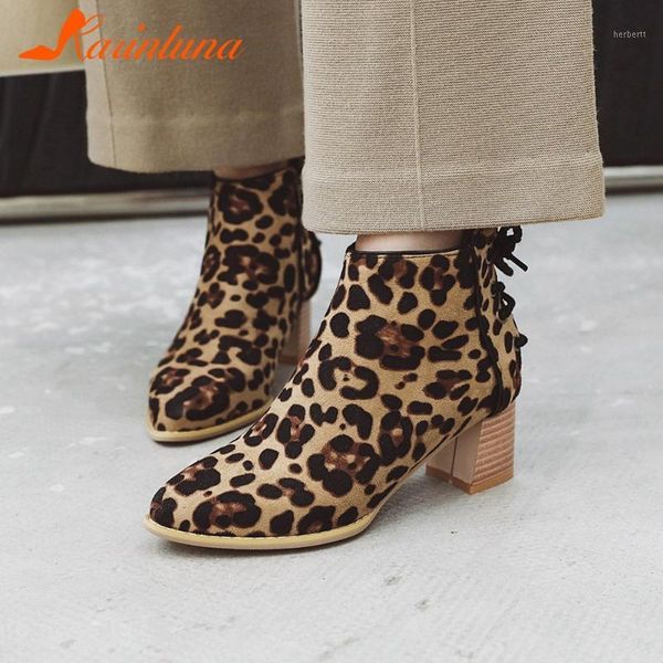

boots 2021 brand stylish female shoes office ladies ankel fashion leopard chunky heels flock ankle big size 431, Black