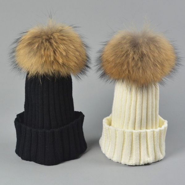 

designer ladies knitted rib beanies with real raccoon dog hair ball children fancy plain fur pom winter hats womens kids skull slouchy cap, Blue;gray