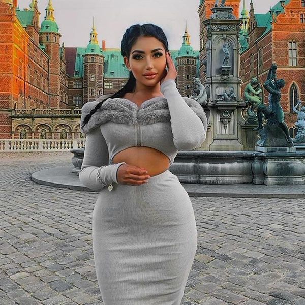

women dress plush stitching jacket and hip skirt suit long sleeve dress party party night vestidos 2 piece set1, Black;gray