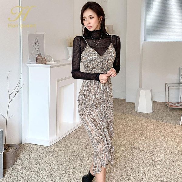 

casual dresses h han queen autumn 2 pieces pencil dress women's snake print vintage drawstring party korean sheath bodycon vestidos, Black;gray