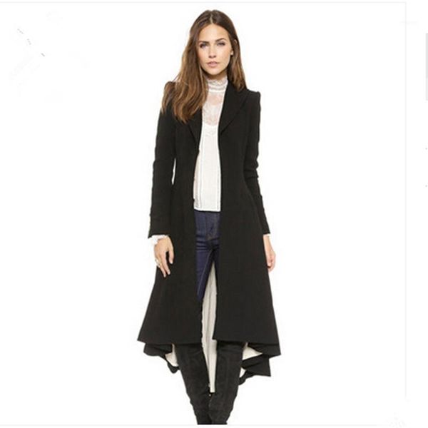 

women winter coat 2015 casual simple suit lapel metal cufflinks victorian woolen jacket folds swallowtail overcoat z1291, Black