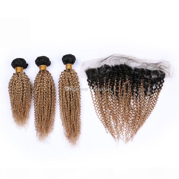 

kinkys curly honey blonde virgin hair extensions 1b 27 dark root ombre hair extensions with lace frontal closure 4pcs lot, Black;brown