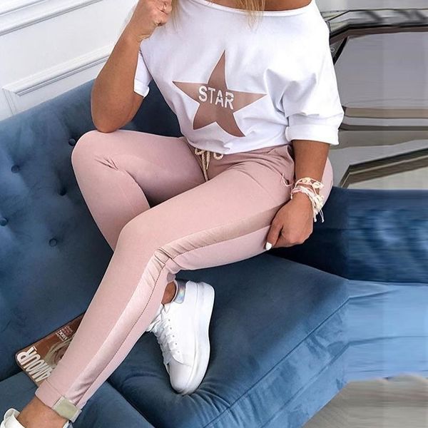 

star print & drawstring design pant sets women casusal two piece set spring tracksuit mujer y200110, White
