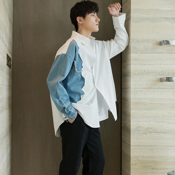 

ewq / men's wear color block patchwork white shirt for male fashion loose long sleeve korean tide shirt vintage streetwear y24531, White;black