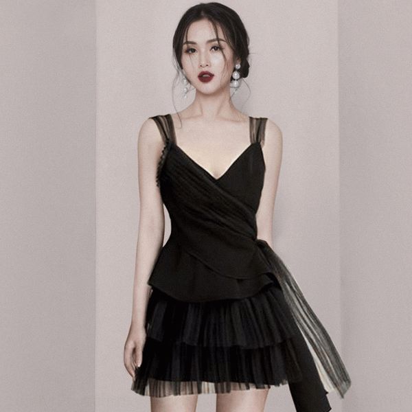 

french style small black sling dress design feeling with waist closing and thin irregular short skirt black suspender lace dress 6jli5 6jli5, Gray